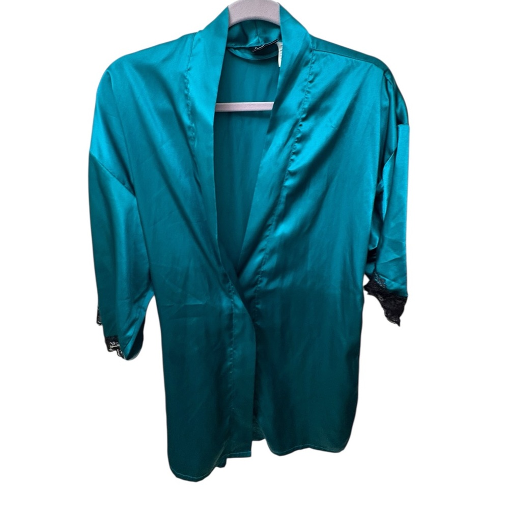 Vintage Frederick's of Hollywood Teal Satin Robe w/Black Lace Trim. Sz. SM